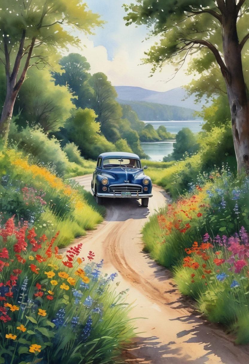 A winding backroad surrounded by lush greenery and vibrant wildflowers, with an inviting glimpse of a tranquil lake in the distance. Include a vintage car parked along the roadside, suggesting an adventurous journey. The scene should exude a sense of exploration and freedom, capturing the beauty of nature and the charm of hidden paths. watercolor painting. vibrant colors. serene atmosphere.