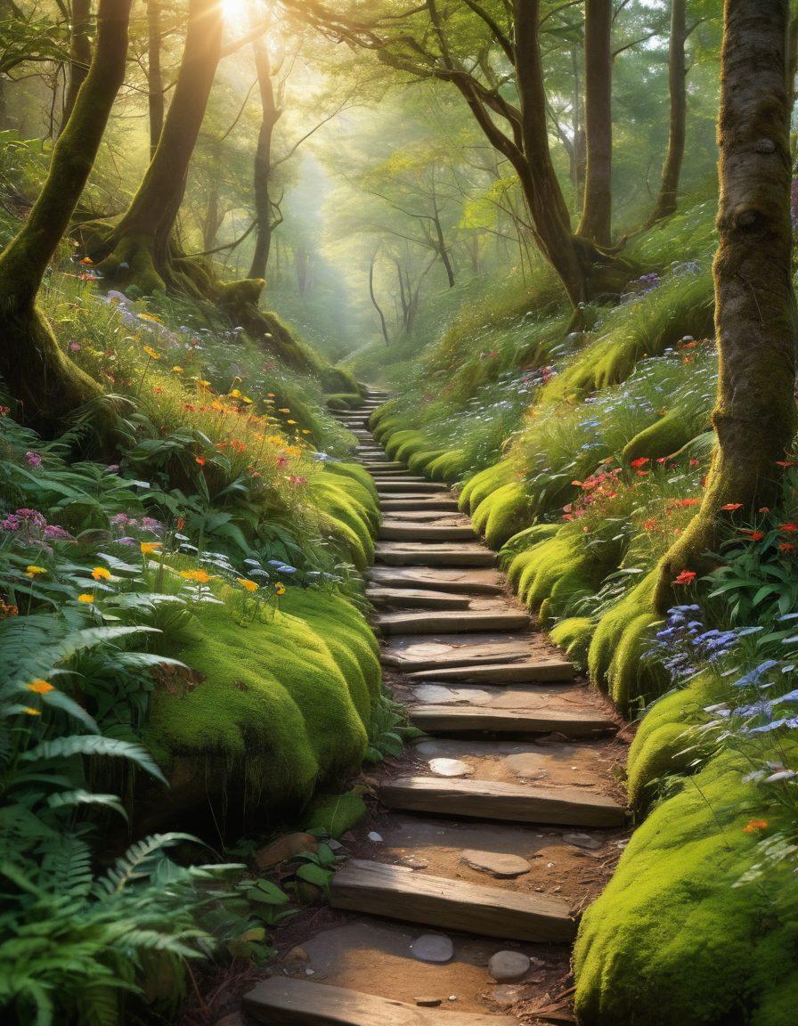 A winding forest path leading to a hidden waterfall, surrounded by lush greenery and colorful wildflowers. Sunlight filters through the trees, illuminating sparkling droplets in the air. A treasure map, partially unrolled, is strategically placed on a nearby rock. Bird songs and the rustle of leaves enhance the serene atmosphere. whimsical style. vibrant colors. soft focus.