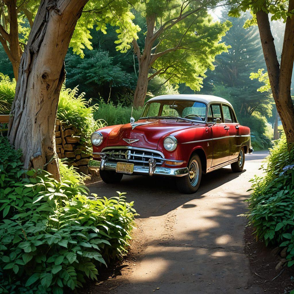 A scenic winding path surrounded by lush greenery and rustic wooden fences, inviting the viewer to explore hidden treasures along the way. A cozy vintage car parked nearby, with an open map and a steaming cup of coffee on the hood, suggesting adventure. Soft sunlight filters through the trees, creating a warm glow that enhances the tranquil atmosphere. Emphasize a sense of serenity and discovery. painting. vibrant colors. natural light.